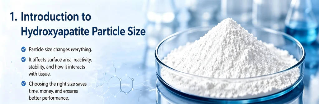 Introduction to Hydroxyapatite particle size and its impact on surface area, reactivity, and tissue interaction performance.