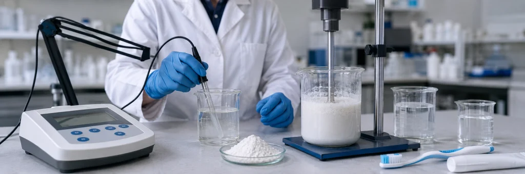 Testování pH a disperze hydroxyapatitu v laboratoři pro vývoj formulací ústní péče na bázi vody