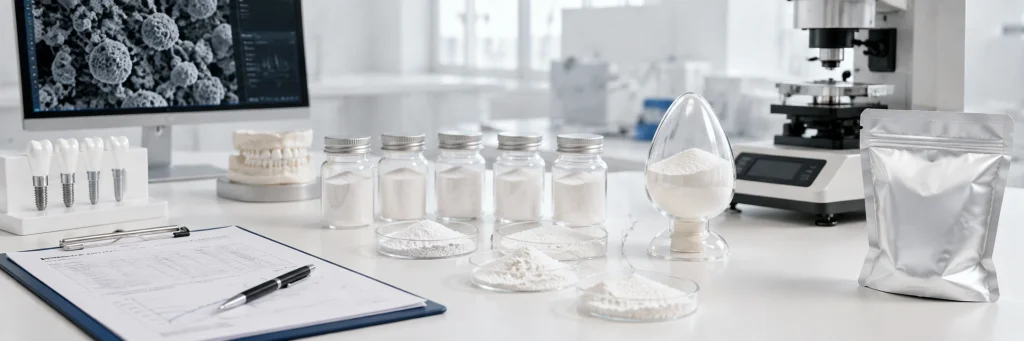 Polvere di idrossiapatite usata cum'è materiale di innesto d'osse per a riparazione parodontale è a rigenerazione ossea guidata