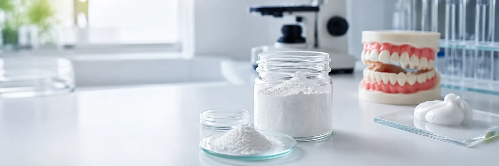 Polvere di idrossiapatite per applicazioni dentali mostrata in un laboratoriu dentale pulitu cù mudellu di denti è campione di pasta di denti.