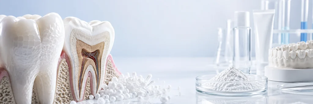 Hydroxyapatite powder for oral care and dental materials with tooth model and laboratory formulation samples