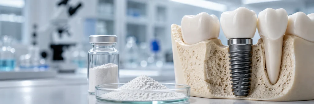 Polvere di idrossiapatite cù spazzola di denti è mudellu di smaltu di denti chì mostra a remineralizazione di l'esmaltu è a cura di a sensibilità