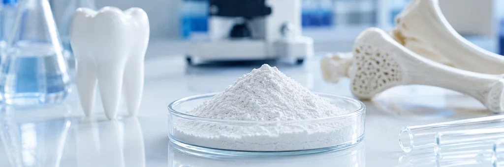 Serbuk hidroksiapatit dalam makmal dengan model gigi dan tulang untuk aplikasi pergigian dan biomaterial