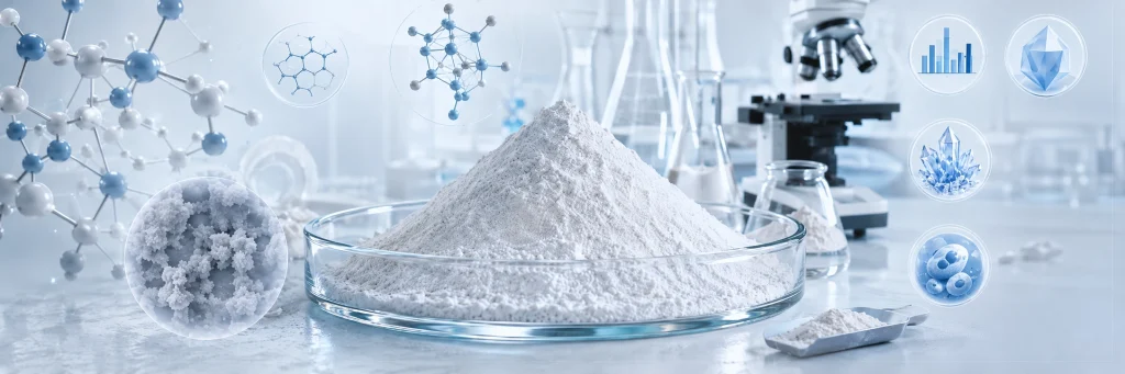 Hydroxyapatitpulver mat molekulare Struktur, Kristall- a Partikeldetailer déi Schlësselmaterialeigenschaften weisen.