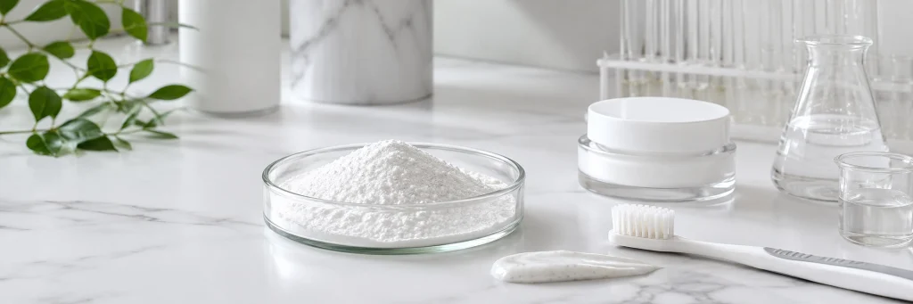 Hydroxyapatite powder for oral care and skincare formulations with toothpaste, toothbrush and cream jar in a clean lab setting.