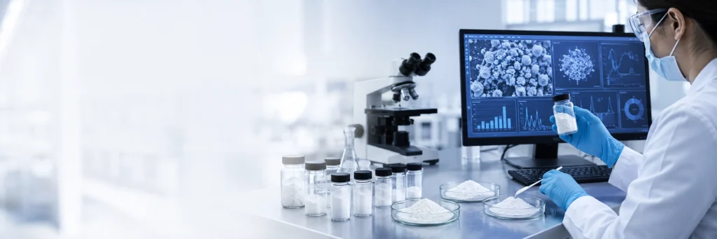 Laboratory testing hydroxyapatite powder quality, particle analysis and supplier specification data