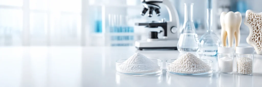 Hydroxyapatite powder and granule samples in a clean laboratory for oral care, dental and bone repair applications
