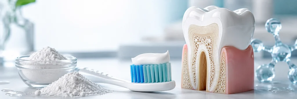 Polvere di idrossiapatite usata in a formulazione di dentifrici per a riparazione di smaltu è prudutti di cura orale senza fluoru.