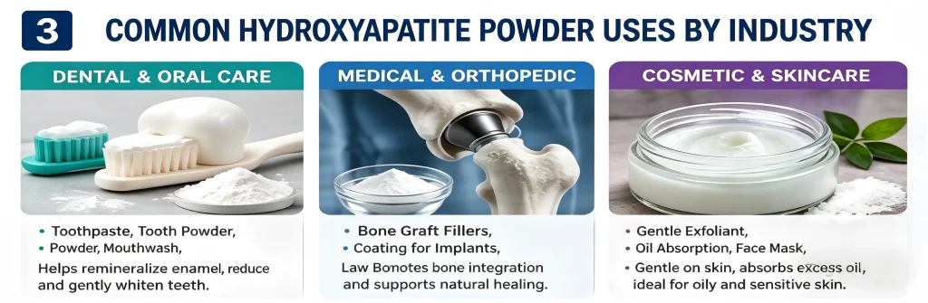 Comparison of hydroxyapatite powder uses in dental care, medical orthopedics, and cosmetic skincare industries.