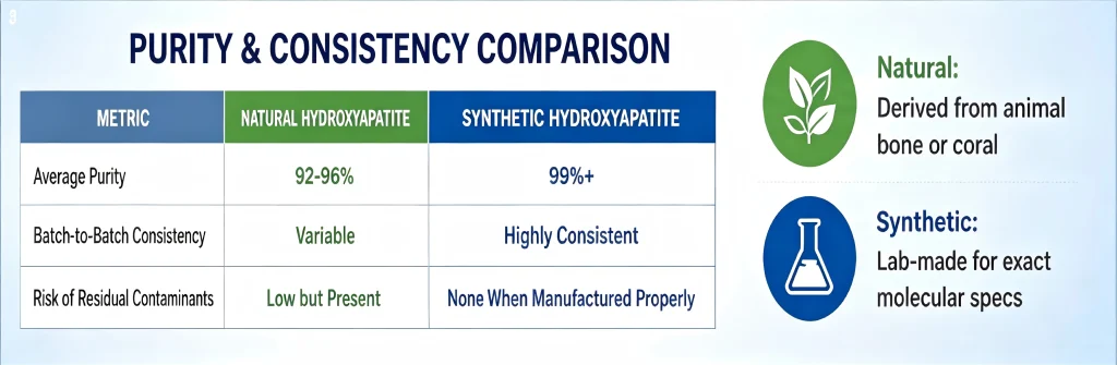 Comparison table of natural vs synthetic hydroxyapatite showing average purity (92-96% vs 99%+) and batch-to-batch consistency.