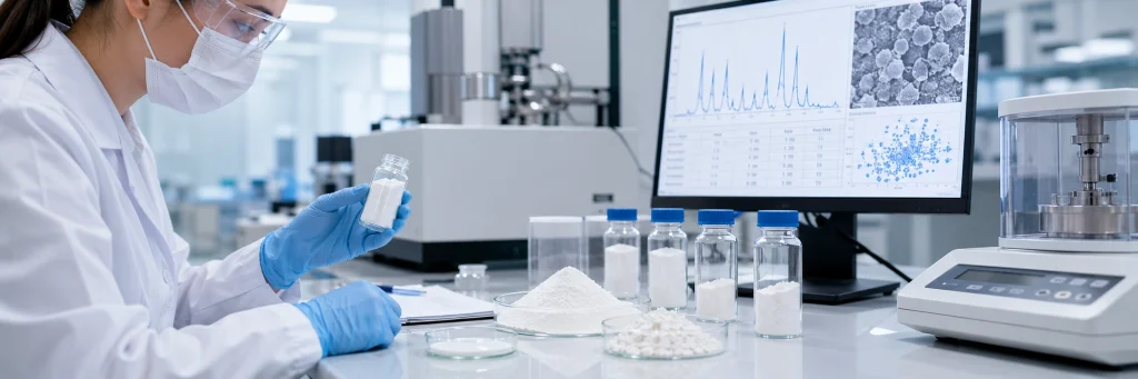 Laboratory technician testing hydroxyapatite powder quality, particle size, purity and Ca/P ratio