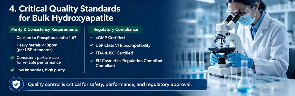Critical quality standards for bulk hydroxyapatite showing calcium to phosphorus ratio 1.67 and cGMP FDA ISO certifications.