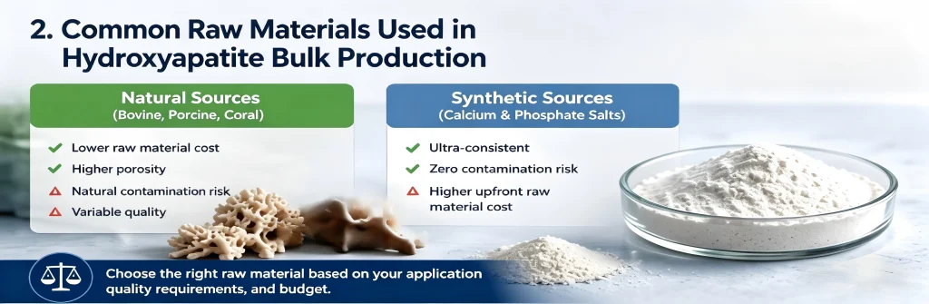 Comparison of natural sources like bovine and coral versus synthetic calcium phosphate salts for hydroxyapatite production.