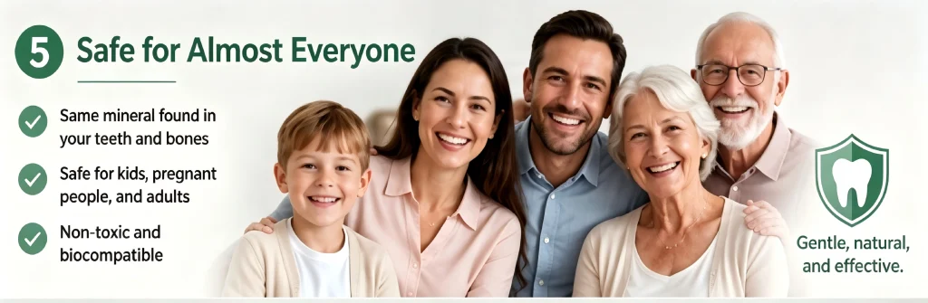An infographic titled "Safe for Almost Everyone." It highlights the safety attributes of hydroxyapatite—such as its non-toxicity and biocompatibility—noting that it is safe for children, pregnant women, and adults alike. On the right, a photograph depicts a multi-generational family—including grandparents—whose members span various age groups, all displaying healthy teeth and happy smiles.