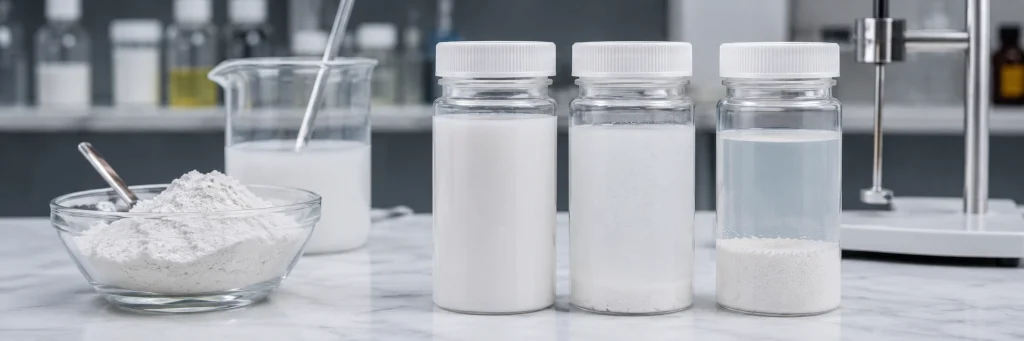 Test sedimentace hydroxyapatitu ukazující různé úrovně usazování částic ve vzorcích suspenze na vodní bázi