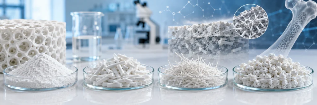 Verskillende hidroksiapatiet deeltjies vorms insluitend poeier, stawe, naalde en poreuse korrels vir saamgestelde biomateriale