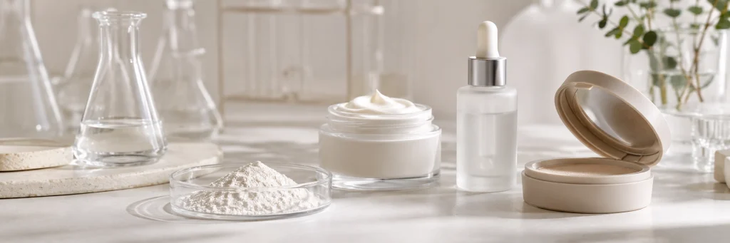Hydroxyapatite skincare ingredient displayed with cream jar, serum bottle and cosmetic powder in a clean formulation lab.