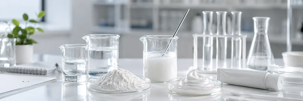 Stabilita hydroxyapatitu ve vzorcích na vodní bázi s práškem, suspenzí, kádinkami, zubní pastou a laboratorními nástroji