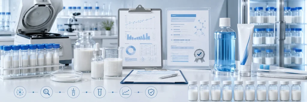 Hydroxyapatite suspension quality control and stability testing with lab samples, centrifuge, documents, mouthwash and toothpaste products
