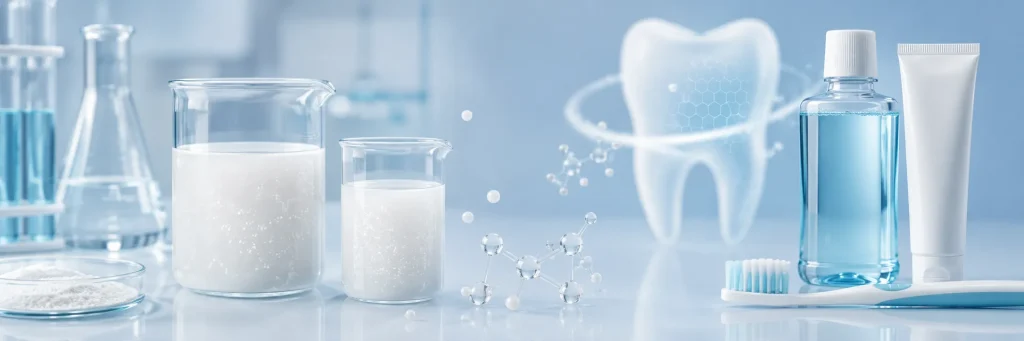 Hydroxyapatite suspension stability in oral care formulas with milky suspension, mouthwash bottle, toothpaste tube and dental science background