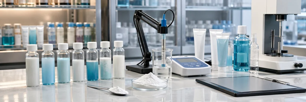Testování stability hydroxyapatitové suspenze a kontroly kvality se vzorkovnicemi, pH metrem a formulačním zařízením