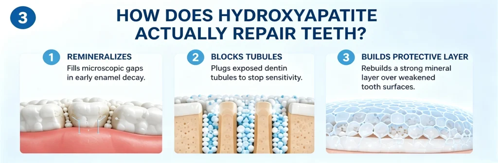 Infographic explaining the 3 steps of hydroxyapatite repair: remineralization, blocking dentin tubules, and building a protective layer.