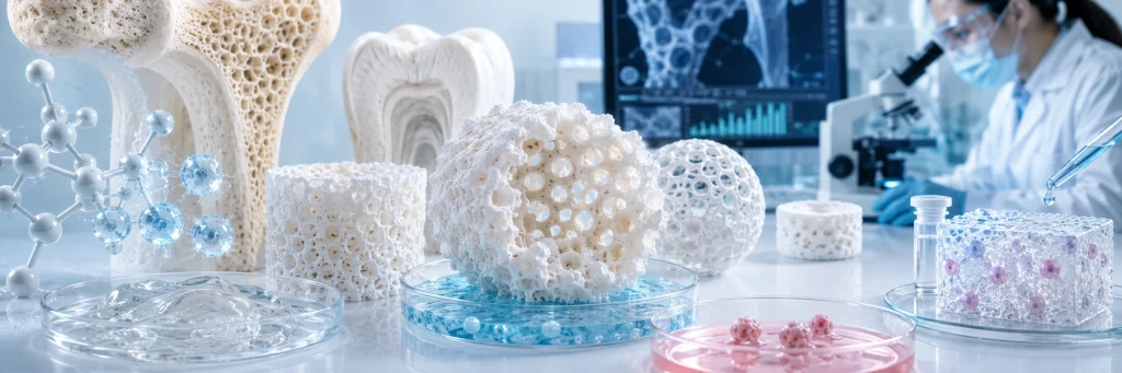 Poröse Hydroxyapatit-Scaffolds a Biomaterial Echantillon fir Tissuetechnik a regenerativ Medizinfuerschung.