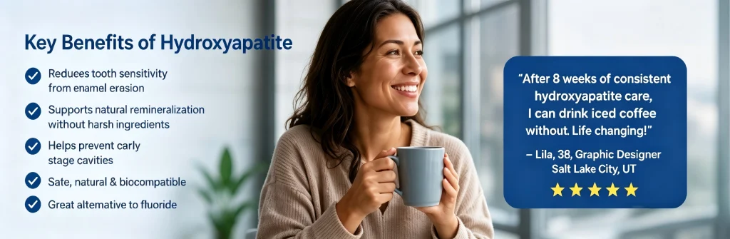 Customer testimonial from Lila about using hydroxyapatite care to reduce tooth sensitivity from iced coffee.