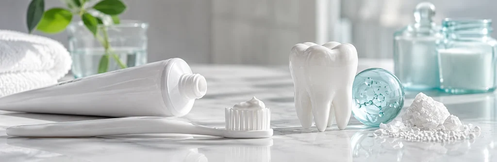 Hydroxyapatite toothpaste and toothbrush on a clean bathroom counter for daily fluoride-free oral care