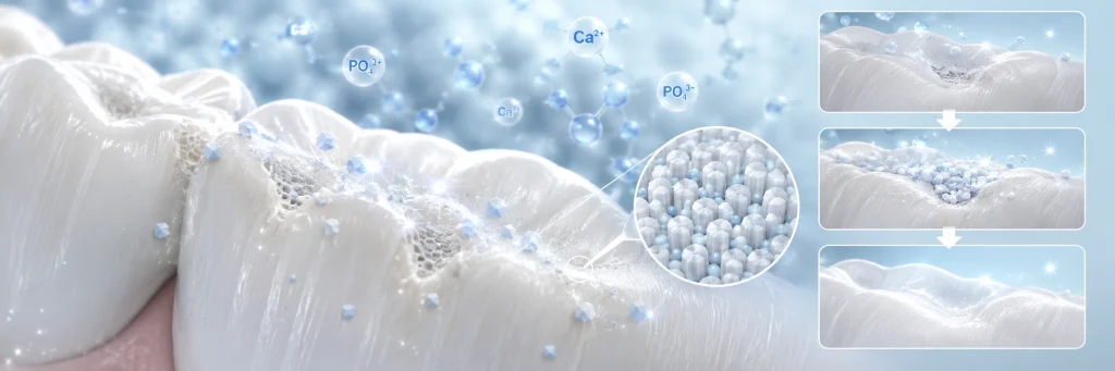 Hydroxyapatite particles supporting enamel remineralization on tooth surface
