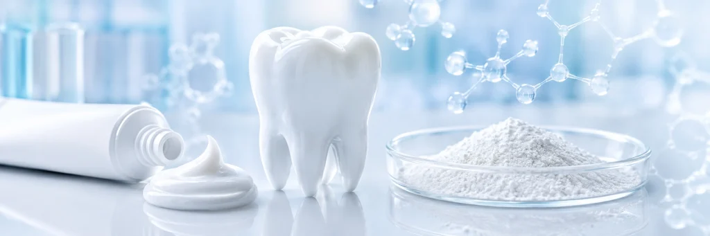 Hydroxyapatite toothpaste formulation with tooth enamel model and oral care powder ingredient