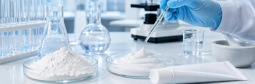 Hydroxyapatite powder testing for toothpaste formulation in oral care laboratory