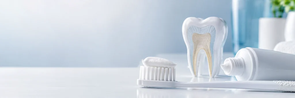 Hydroxyapatite toothpaste for oral care with toothbrush, toothpaste tube and tooth model on a clean blue-white background.
