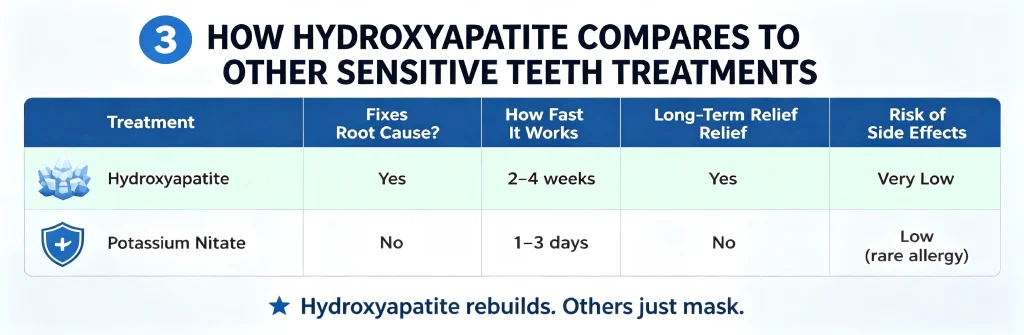 This comparison chart of dental sensitivity treatments details the specific differences between hydroxyapatite—in terms of addressing the root cause, speed of efficacy, and safety—and potassium nitrate and fluoride.