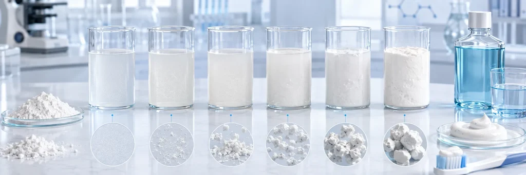 Hydroxyapatite water suspension shown in glass beakers with oral care products and dental formulation elements