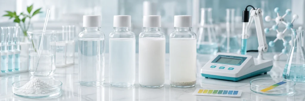 Laboratory scene with hydroxyapatite mouthwash samples, subtle sediment, and pH meter, illustrating stability and pH control challenges