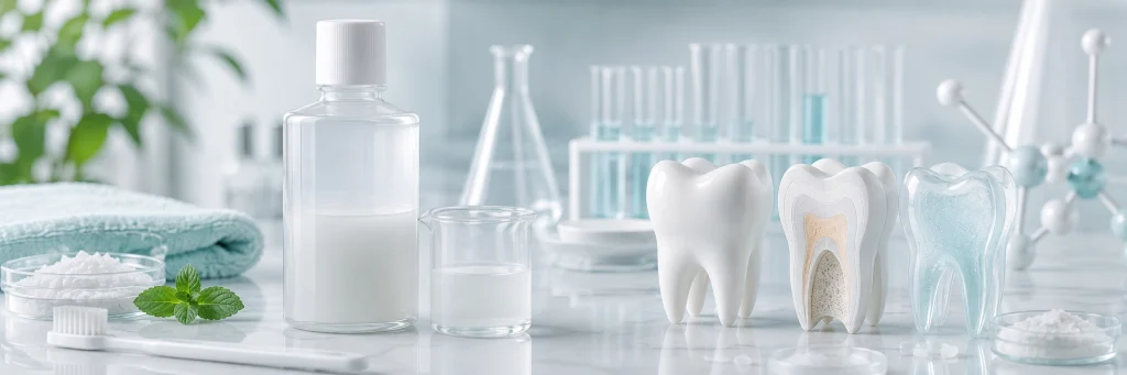 Premium fluoride-free mouthwash development scene with hydroxyapatite suspension, enamel models and gentle daily oral care concept