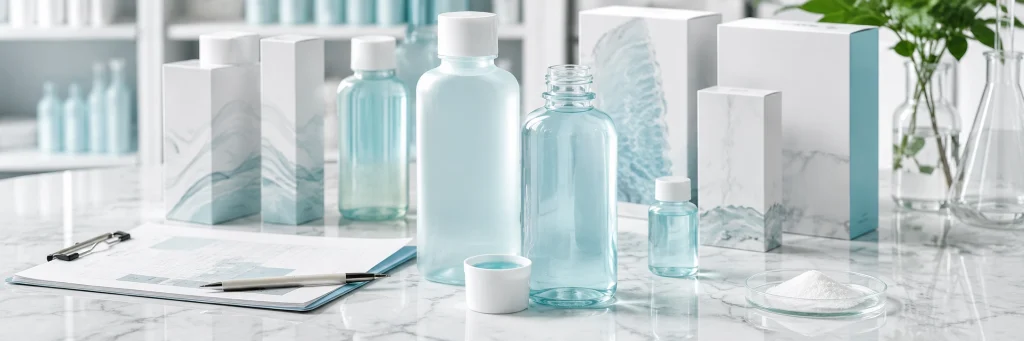 Premium frosted mouthwash bottles and lab vials arranged for B2B formulation and supplier selection, highlighting mineral care positioning