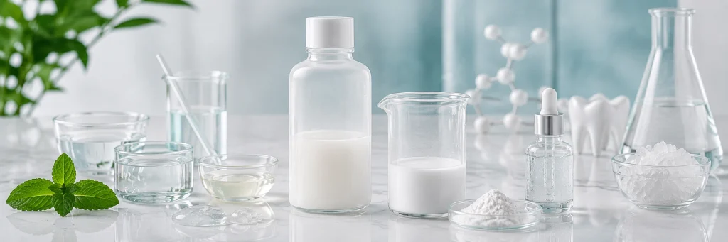 Hydroxyapatite suspension with complementary ingredients like xylitol, glycerin, hyaluronic acid and mint leaves on a clean lab bench