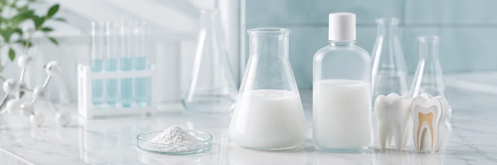 Lab bench with hydroxyapatite suspension in a beaker and frosted mouthwash bottle, showcasing dispersed mineral particles for oral care formulation