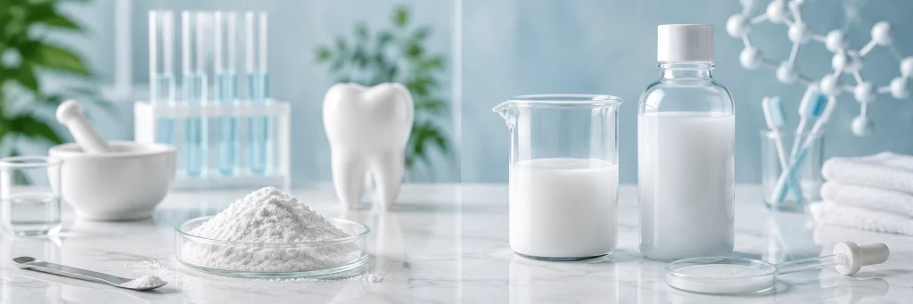 Side-by-side comparison of hydroxyapatite powder and pre-dispersed suspension on lab bench, emphasizing ease of liquid formulation for mouthwash