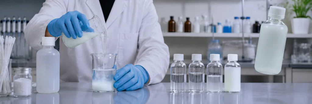 Formulator adding milky hydroxyapatite suspension into a mouthwash bottle with multiple liquid samples on lab bench, showcasing dispersion and formulation benefits.