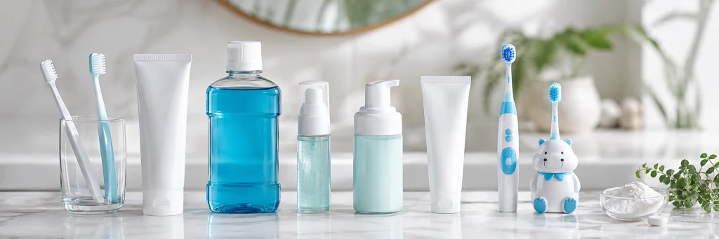 Realistic lineup of unbranded oral care products including toothpaste, mouthwash, oral gel, kids’ oral care items, and tooth powder/tablets, demonstrating common applications of hydroxyapatite water suspension.
