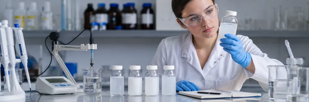 Professional lab scene with technician checking pH and stability of hydroxyapatite suspension in beakers and pipettes, emphasizing careful formulation and sedimentation control.