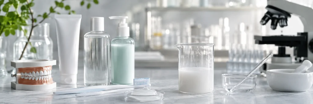 Bright modern oral care laboratory scene showing unbranded toothpaste, mouthwash, oral gel, tooth model and a beaker with milky hydroxyapatite water suspension, clean premium setup for article banner.