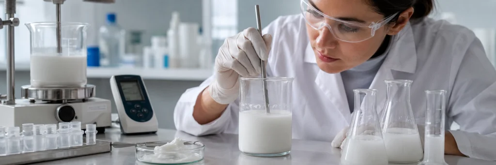 Scientist in white lab coat pouring milky hydroxyapatite aqueous suspension into a glass beaker, demonstrating liquid dispersion process in oral care formulation lab.