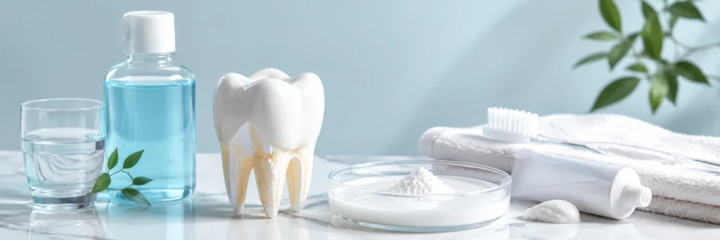 Premium oral care still life featuring tooth model, toothpaste tube, mouthwash bottle, and a dish of hydroxyapatite mineral suspension illustrating enamel care and biomimetic minerals.
