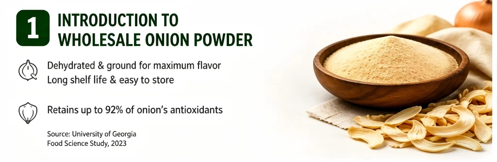 Infographic showing introduction to wholesale onion powder, highlighting 92% antioxidant retention and long shelf life.