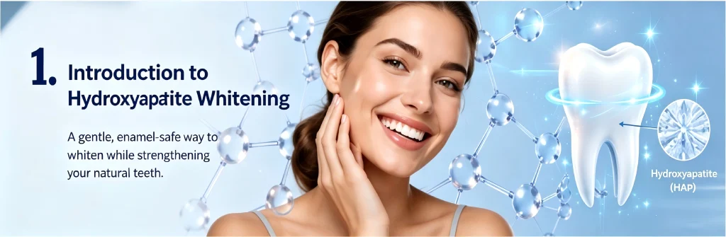 An infographic introducing the mechanism of Hydroxyapatite (HAp) teeth whitening, featuring a smiling woman with healthy, bright white teeth, accompanied by text highlighting enamel strengthening and safe whitening.
