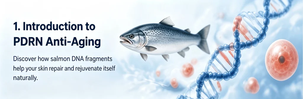 Introduction to PDRN anti-aging showing a salmon and a blue DNA helix model representing skin repair fragments.